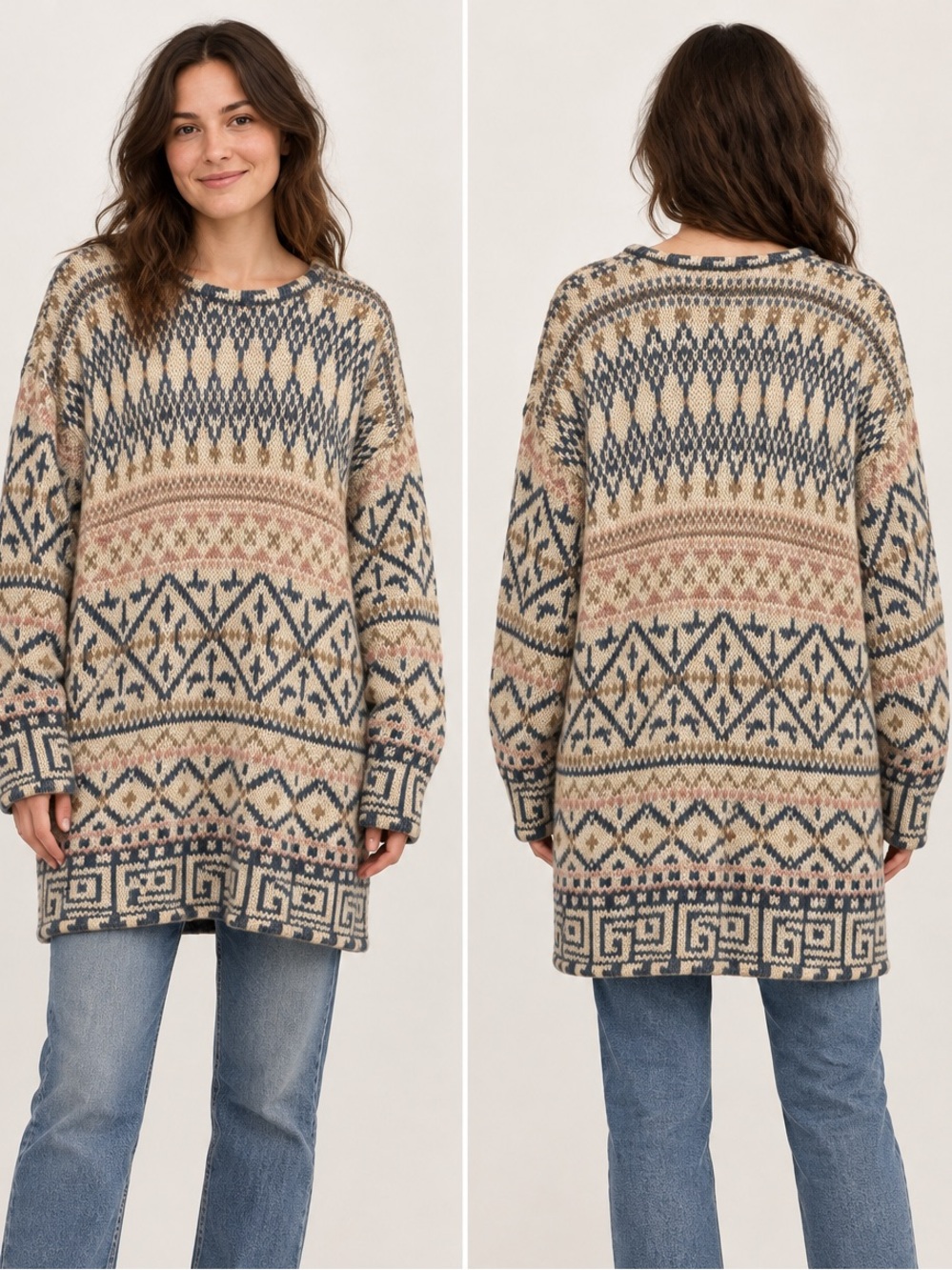 Vintage Cream & Blue Cozy Fair Isle Ramie Blend Crewneck Chunky Sweater XL